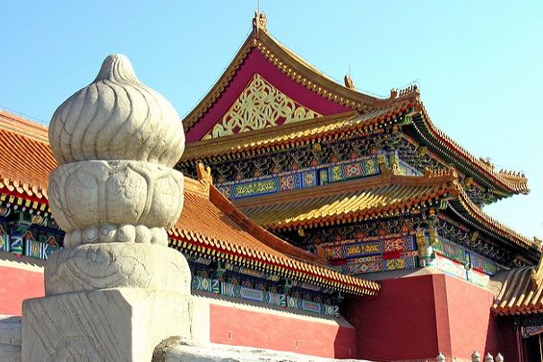 A close-up view of the tower to the right of the Gate of Supreme Harmony in the Forbidden City. Beijing, China