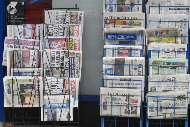International newspapers at a suburban newsagent's shop