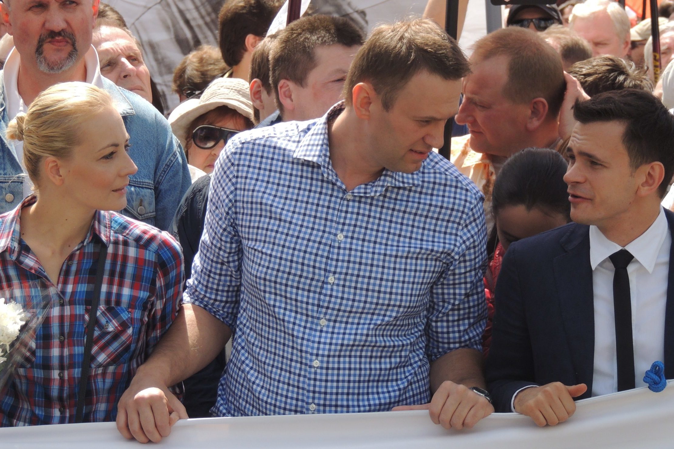 Yulia Navalny, Alexey Navalny and Ilya Yashin at Moscow rally